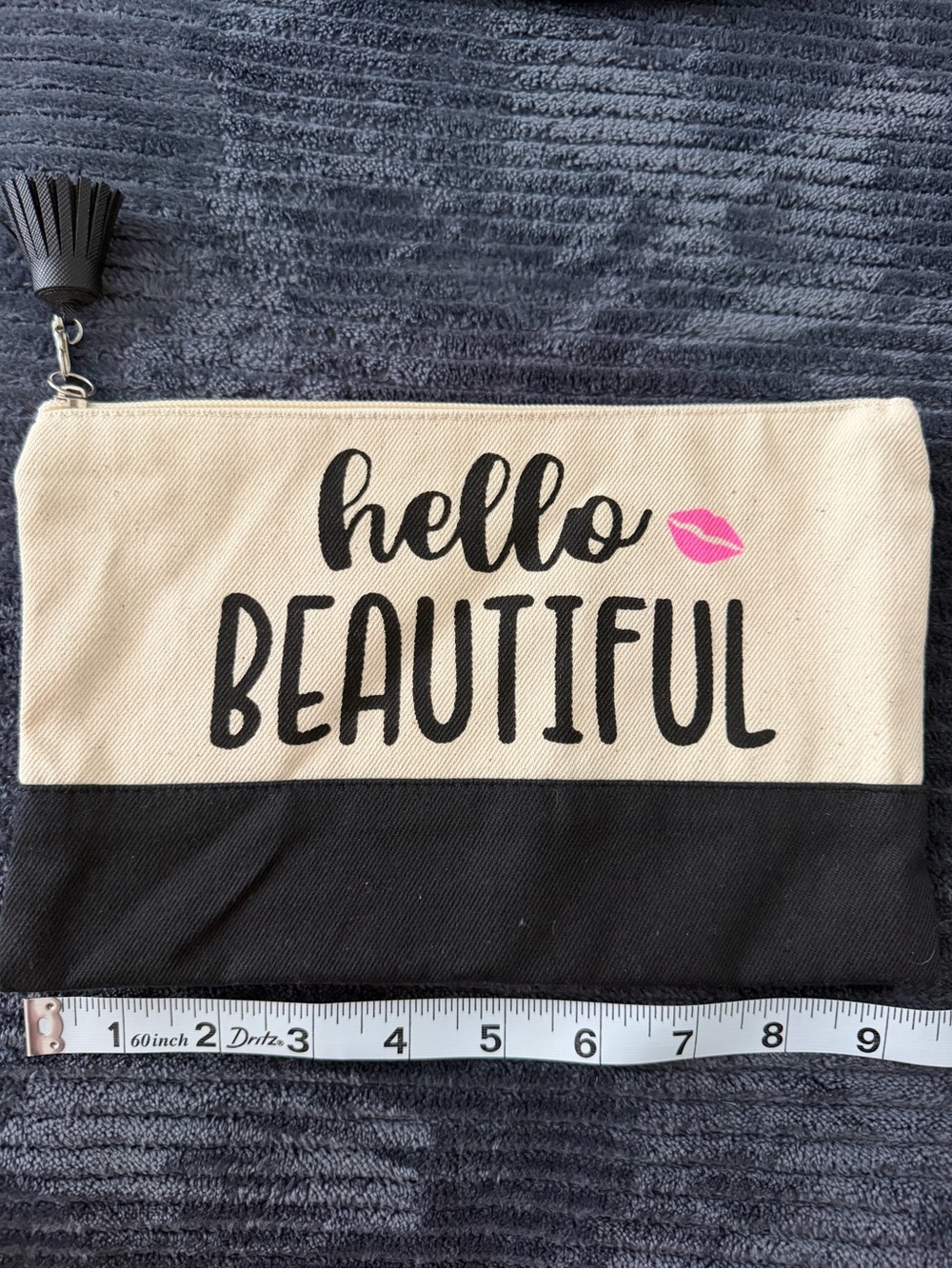 Hello Beautiful" Beige & Black Fabric Zipper Makeup Bag Pouch 9 in x 6 in